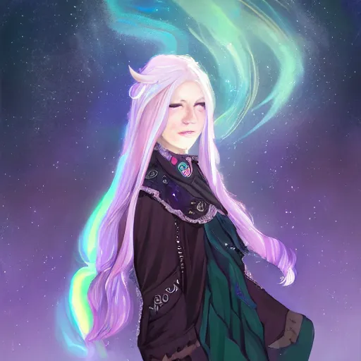 Image similar to a nonbinary changeling wearing a starry cloak, purple vest, white sleeves, aurora colored hair, starry eyes, curious expression, watching people on the street, character art, full body art, Dungeons and Dragons, D&D, trending on artstation, artgerm, 4k ultra hd, sharp focus, digital art by Ilya Kuvshinov and Ross Tran,