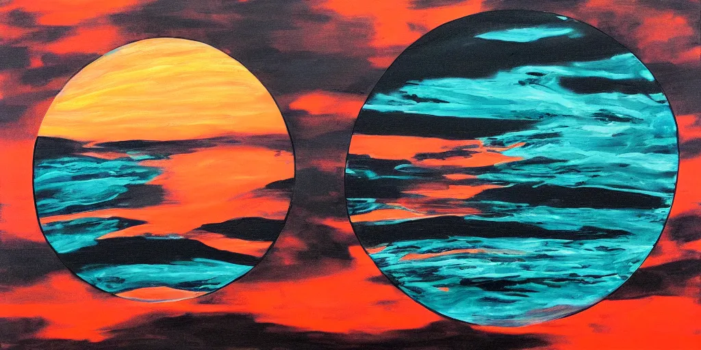 Prompt: the sea of sadness, a circular black void in the sea, a line of orange sunset, crushing despair, acrylic painting