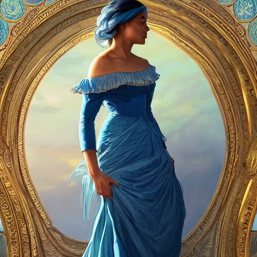 Image similar to full figure ultra realistic illustration, tessa thompson wearing a maiden blue dress, blonde flowy hair, old west, intricate, elegant, highly detailed, digital painting, artstation, concept art, smooth, sharp focus, illustration, art by artgerm and greg rutkowski and alphonse mucha