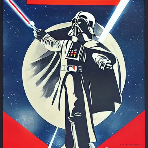 Image similar to darth vader! in a soviet! space propaganda poster