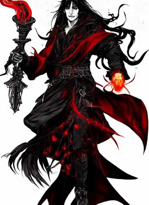 Image similar to Half body portrait of a handsome elf fire mage with long black hair wearing ornate scarlet robe, crazy grin, flame, anarchy. In style of Yoji Shinkawa and Hyung-tae Kim, trending on ArtStation, dark fantasy, great composition, concept art, highly detailed, dynamic pose.