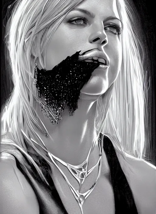 Image similar to muscled Elin Nordegren shiny sparkling diamonds, mouth slightly open, wearing intricate black choker, elegant, highly detailed, centered, digital painting, artstation, concept art, smooth, sharp focus, illustration, artgerm, donato giancola, Joseph Christian Leyendecker, WLOP, Boris Vallejo, Artgerm