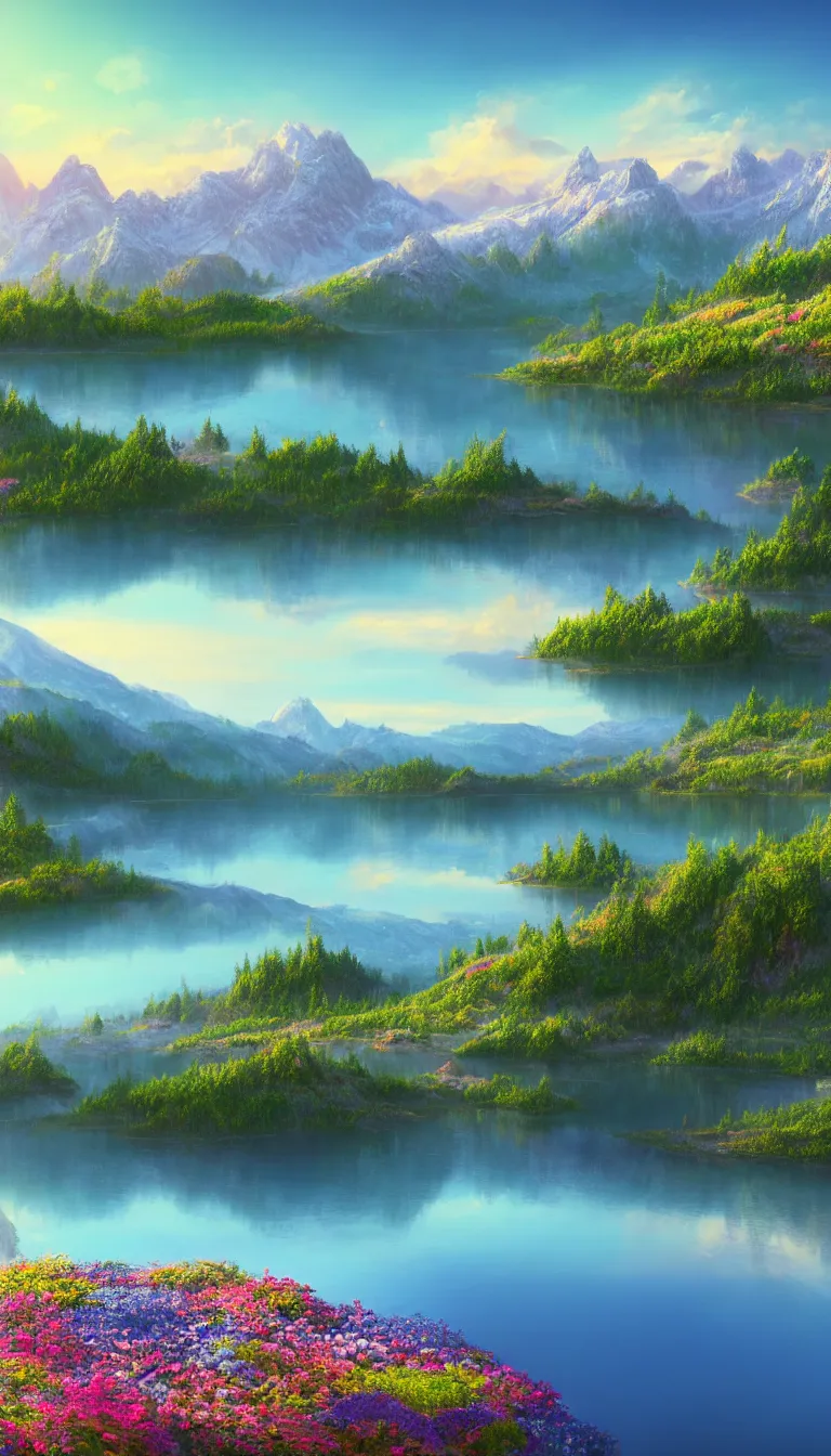 Image similar to highly detailed realistic landscape photo of calm lake, sunlit mountains in background, flowers in foreground, award winning photo, hyper realistic, concept art, 8 k detail post - processing