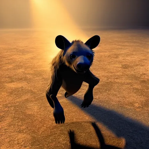 Image similar to portrait of a happy hyena dancing. pixar style animation 3 d extremely gloomy lighting, shining light and shadow, atmospheric, cinematic, unreal engine, 8 k