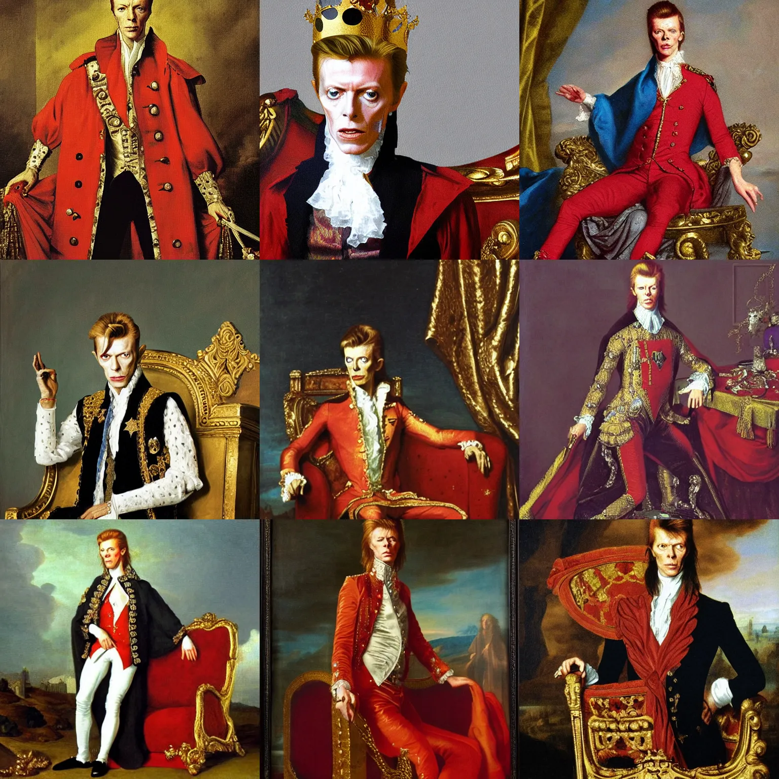 Prompt: David Bowie, king of England on his gilded throne, 18th century painting, masterpiece