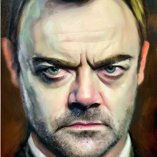 Prompt: mark Sheppard as Crowley, noble portrait, professional painter, oil painting, superior look