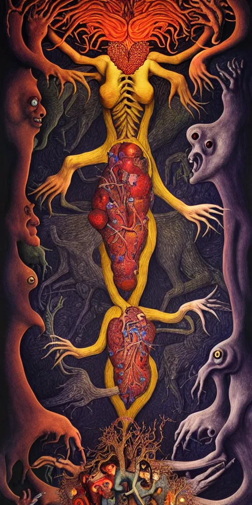 Image similar to mythical creatures and monsters in the visceral anatomical human heart imaginal realm of the collective unconscious, in a dark surreal mixed media oil painting by johfra, mc escher and ronny khalil, dramatic lighting from inner fire