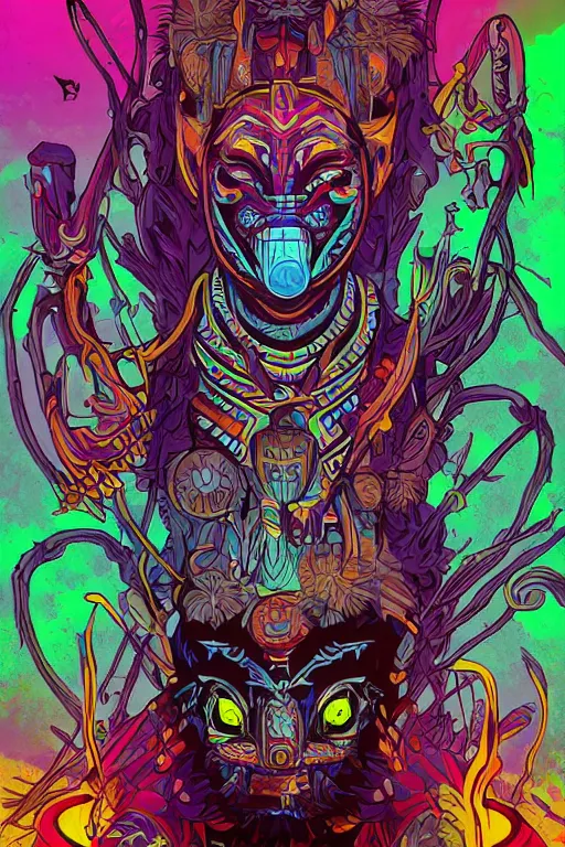 Image similar to totem animal tribal chaman vodoo mask feather gemstone plant wood rock video game illustration vivid color borderlands by josan gonzales and dan mumford radiating a glowing aura