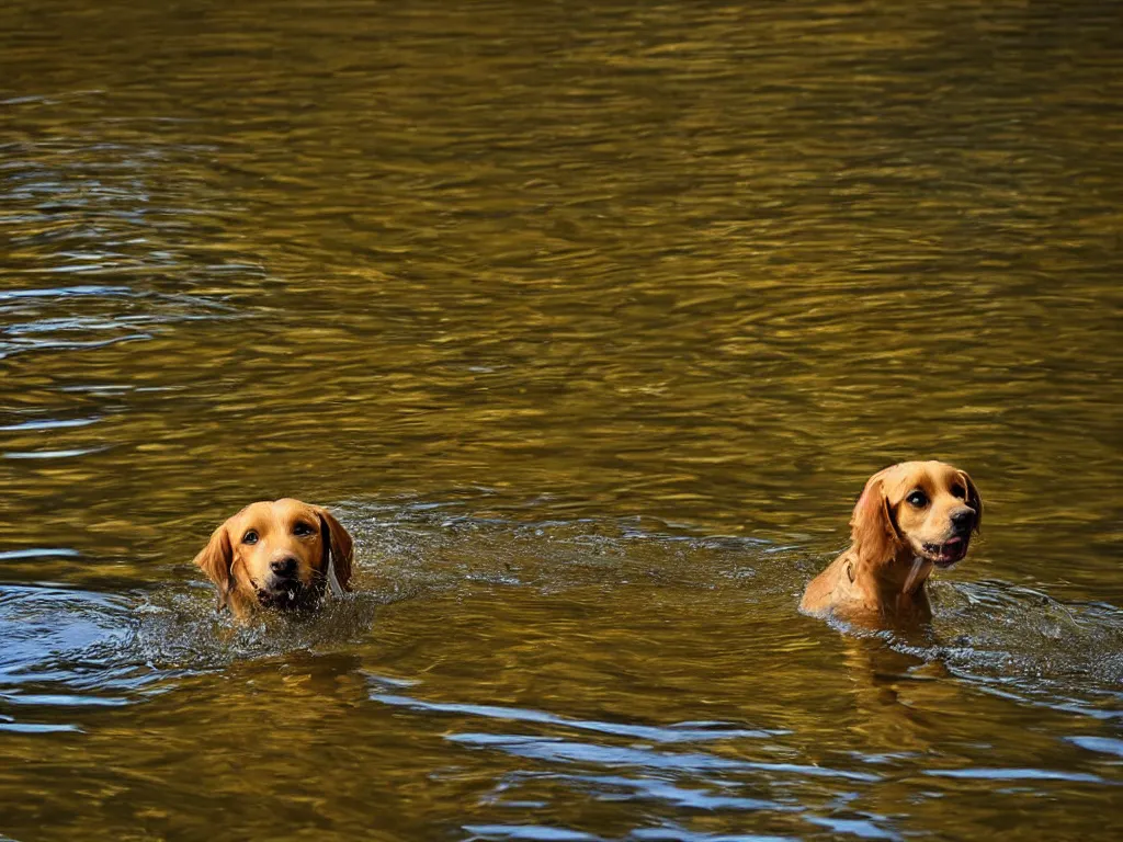 Image similar to a dog!!!!!!!!!!!! looking!!!!! down!!!!!, reflection!!!!! in water, ripples, small stream, beautiful!!!!!! photograph, golden hour, high resolution, national geographic