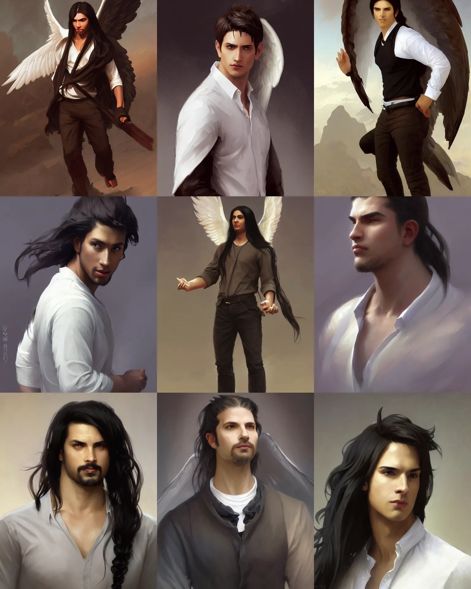 Prompt: character concept portrait of a handsome male angel with brown skin and long black hair, and large white wings. Clean-shaven, hair in a ponytail. Shirt and jeans. Digital painting, concept art, smooth, sharp focus, illustration, by Ruan Jia and Mandy Jurgens and Artgerm and William-Adolphe Bouguereau