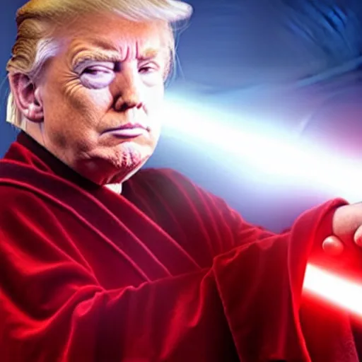 Prompt: trump as Sheev Palpatine in star wars wearing a robe over his head, holding a red light saber