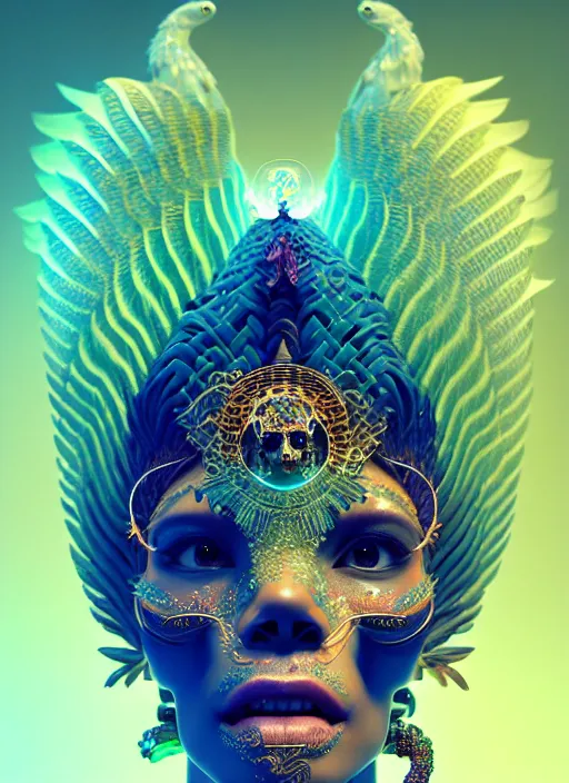 Image similar to a 3 d wlop goddess portrait, 8 k micro details beautiful intricate highly detailed quetzalcoatl skull and feathers. bioluminescent, fire, snow, thunderstorm! artwork by tooth wu and wlop and beeple and greg rutkowski, trending on artstation,