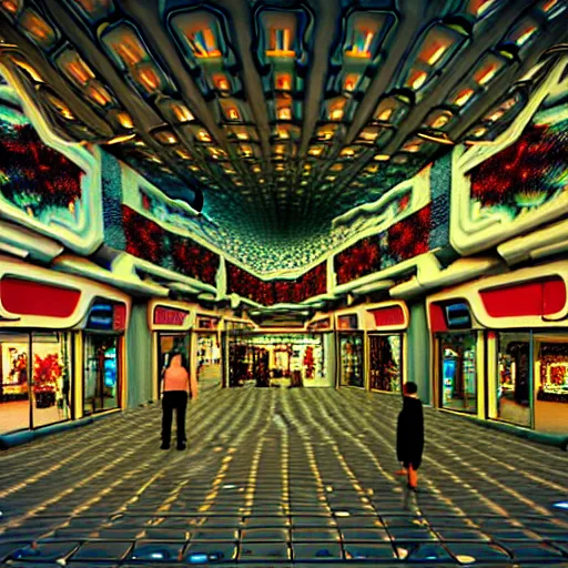 Image similar to hyperrealism photography computer simulation visualisation of parallel universe mall in surreal scene from art house movie from nefuturistic sci - fi setting by caravaggio rendered in mandelbulb 4 d