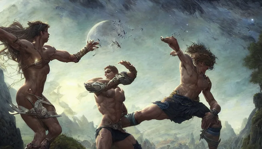 Image similar to epic masterpiece tournament, hyperrealistic, octane render, cinematic, night, moon, muscular bodies, sweaty skin flying kicks, magic, by Edgar Maxence and Ross Tran and Michael Whelan, Lorenzo Sperlonga Legends of Runeterra