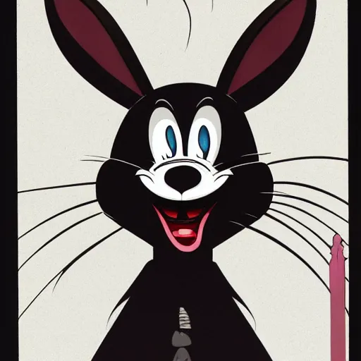 Prompt: A extremely highly detailed majestic hi-res beautiful, highly detailed head and shoulders portrait of a scary terrifying, horrifying, creepy black cartoon rabbit with scary big eyes, laughing and standing up wearing pants and a shirt in the style of Walt Disney