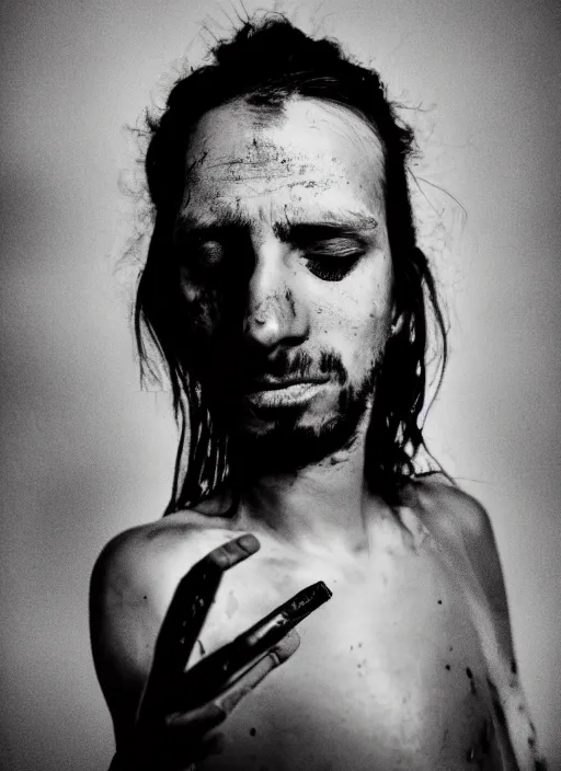 Image similar to A portrait photo of a drug addict , high contrast, black and white