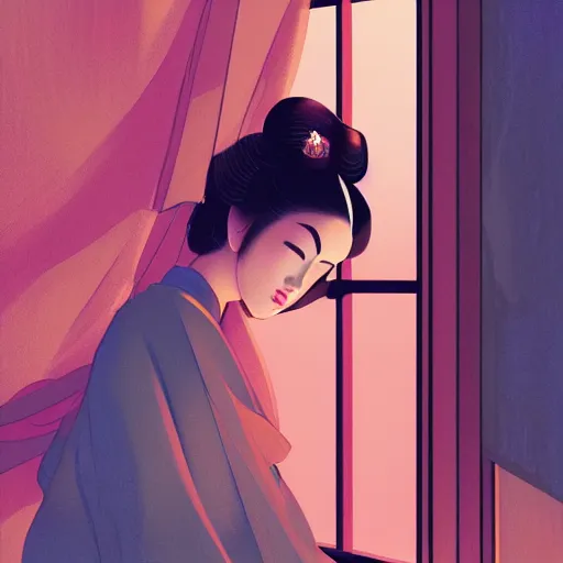 Image similar to a geisha looking longingly out the window hoping to catch a glimpse of her beloved before the storm sets in, ambient lighting, 4 k, lois van baarle, ilya kuvshinov, rossdraws