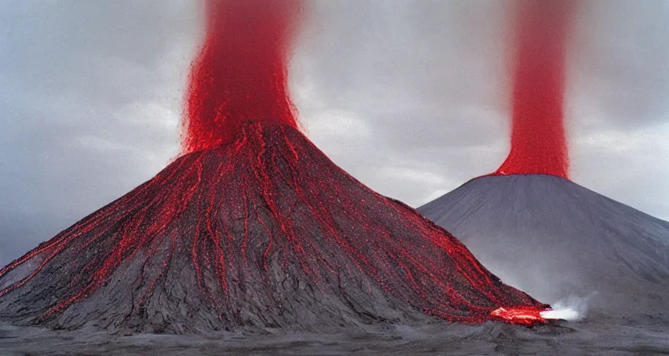 Image similar to a volcano made of ivory vines and crimson rocks enters in eruption, it spits a smoke in the shape of demonic eye, by Gottfried Helnwein