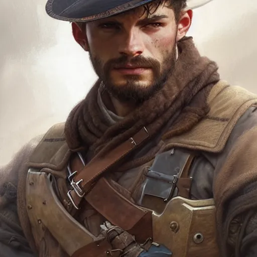 Image similar to portrait of a rugged ranger, handsome, muscular, 20 years old, D&D, fantasy, intricate, elegant, highly detailed, digital painting, artstation, concept art, matte, sharp focus, illustration, art by Artgerm and Greg Rutkowski and Alphonse Mucha