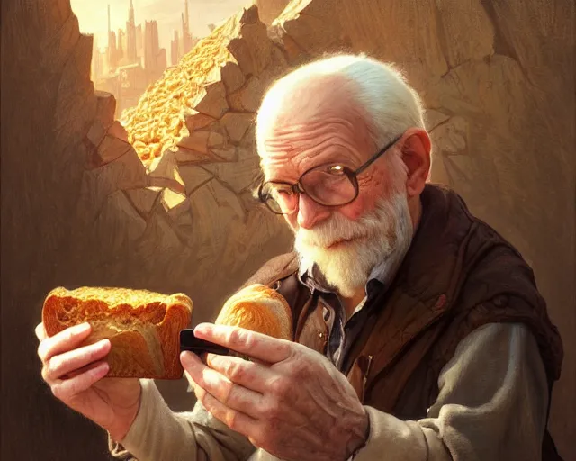 Prompt: an old man taking a selfie with a loaf of bread, deep focus, d & d, fantasy, intricate, elegant, highly detailed, digital painting, artstation, concept art, matte, sharp focus, illustration, hearthstone, art by artgerm and greg rutkowski and alphonse mucha