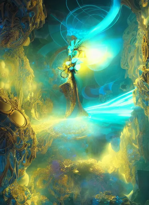 Image similar to flowers within the whole infinite capsule apparent with awe the apparition, an idea seep's into infinity highly detailed in volumetric latent space, golden turquoise steampunk, high contrast cinematic light, mystical shadows, sharp focus, divine realm of gods, octane render, artist by boris vallejo,