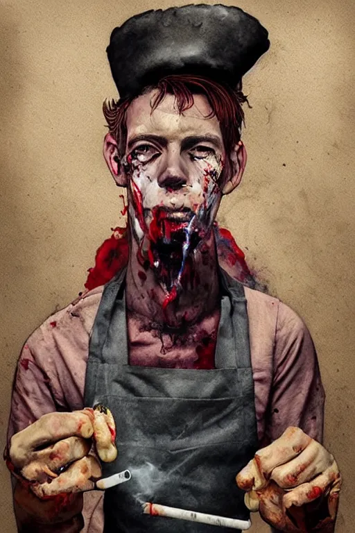 Prompt: a portrait of a young man butcher, smoking a cigarette, bloody apron, surrealism, dramatic lighting, textured paper, character study, watercolor painting by android jones