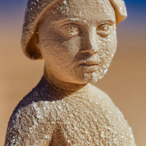 Image similar to detailed sculpture covered in salt shaped like a 30 year old woman in ancient Canaanite clothing, desert drought background. 40mm lens, shallow depth of field, split lighting