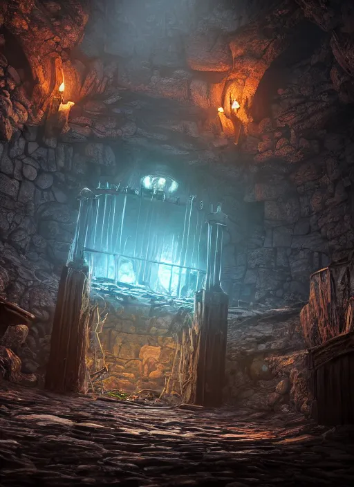 Image similar to dungeon jail bars, ultra detailed fantasy, elden ring, realistic, dnd, rpg, lotr game design fanart by concept art, behance hd, artstation, deviantart, global illumination radiating a glowing aura global illumination ray tracing hdr render in unreal engine 5