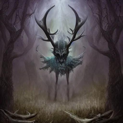 Image similar to the soul thief, dark forest, fantasy world, mystical physique with antlers, wide shot view