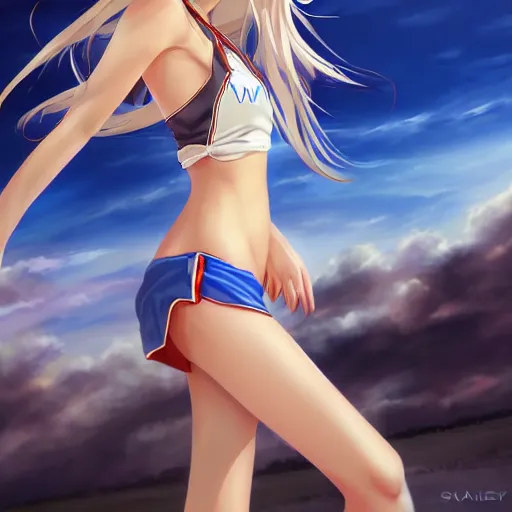 Prompt: a very beautiful young mature anime basketball girl, full body, long wavy blond hair, sky blue eyes, full round face, short smile, bikini, miniskirt, highly detailed, cinematic wallpaper by stanley artgerm lau