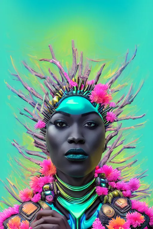 Prompt: illustration neo - futurist cinematic super expressive! yoruba goddess with exoskeleton armor, merging with tree in a forest, pink yellow flowers, highly detailed digital art masterpiece, smooth etienne sandorfi eric zener dramatic pearlescent soft teal light, ground angle uhd 8 k, sharp focus