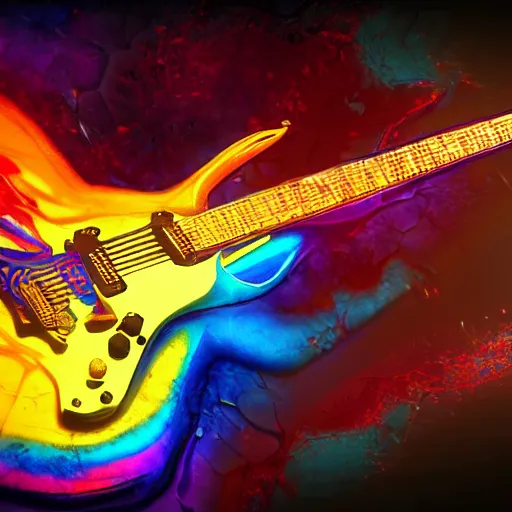 Image similar to ultra realistic vfx of a guitar player melting on colors, alucination, trending on art station, masterpiece, 4 k, gta