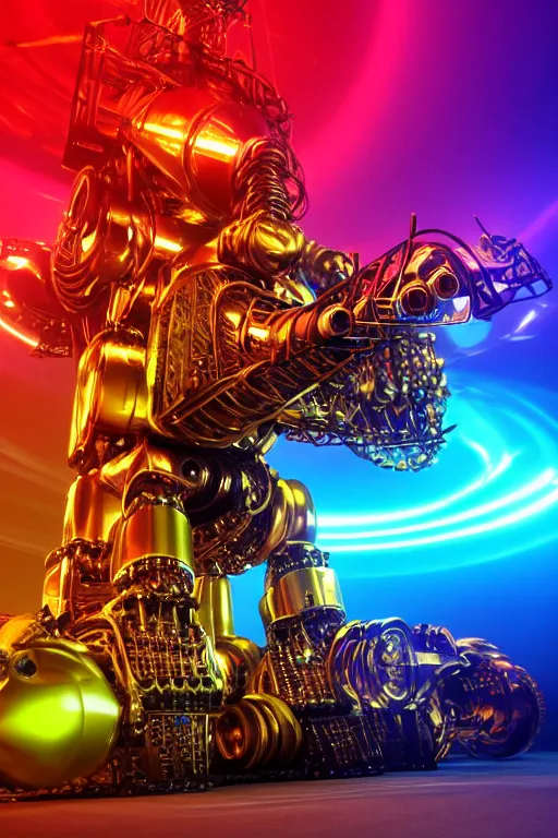 Prompt: portrait photo of a giant huge golden and blue metal futuristic steampunk robot covered with multicolored big gears and tubes, robot holds a red fender stratocaster, eyes are glowing red lightbulbs, shiny crisp finish, 3 d render, 8 k, insaneley detailed, fluorescent colors, background is multicolored lasershow