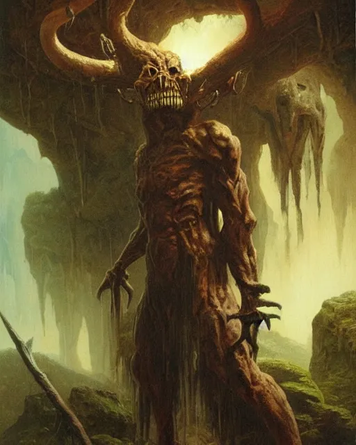 Prompt: A hobgoblin. He has a very menacing expression. he is standing in a cave. Award winning oil painting by Thomas Cole and Wayne Barlowe. Highly detailed