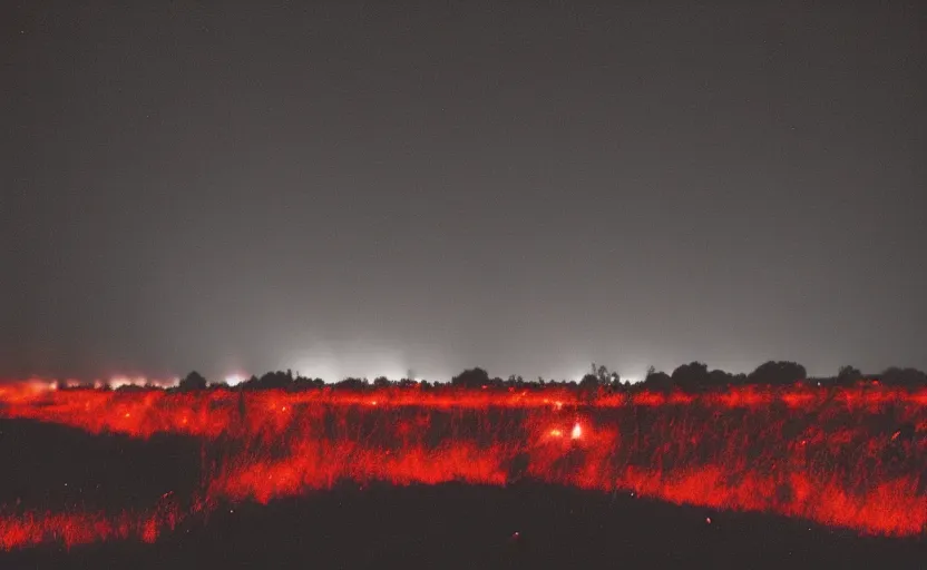 Prompt: burning field, dark, night, red light in the sky, smoke, 1998 photo