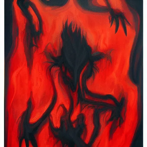 Prompt: an abstract painting of a hellish creature constantly shapeshifting in to other forms and beings, graphic, moody