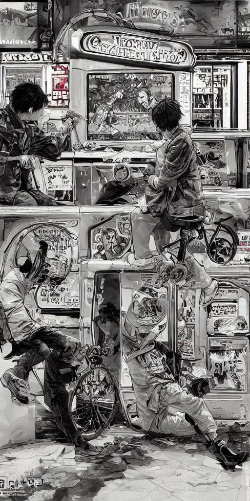 Image similar to oil painting scene from amusement arcade by kim jung gi