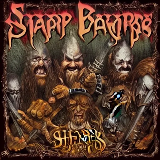 Prompt: album cover for an album of a metal band composed of five fantasy dwarfs, the band is called the sharp dwarves