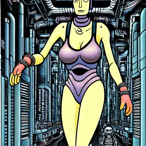 Prompt: portrait turanga leela from futurama in futuristic city, by tsutomu nihei, by h. r. giger