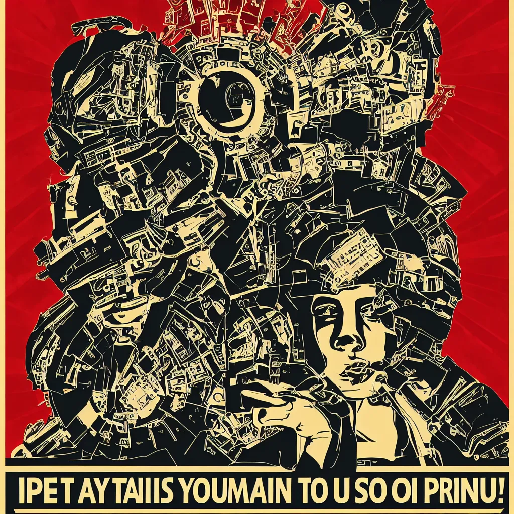 Prompt: it is you humans that are training the AI to take your jobs and make you expendable, by Shepard Fairey, 8K HD