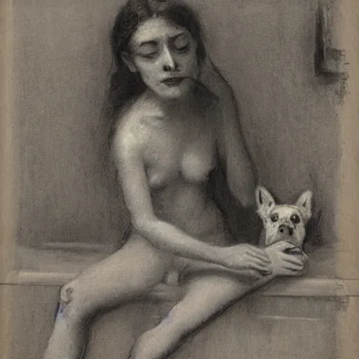 Image similar to young lady being scared by an undead dog while in the bath by alfred stevens in charcoal