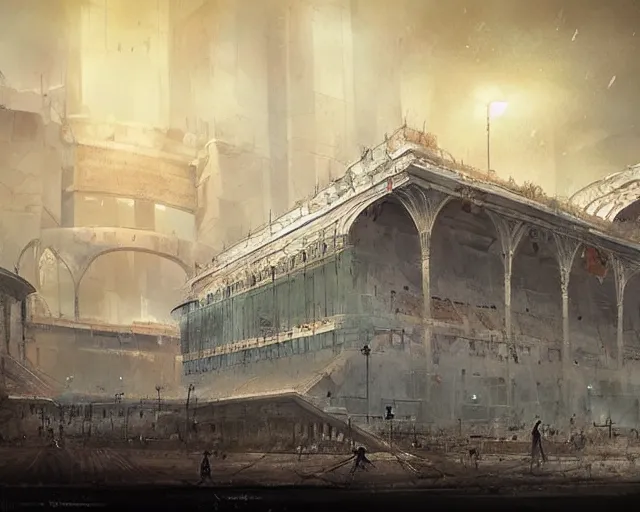 Image similar to a football stadium in the style of golden age syrian empire architecture, art by greg rutkowski and artgerma, stunning concept art, exterior design