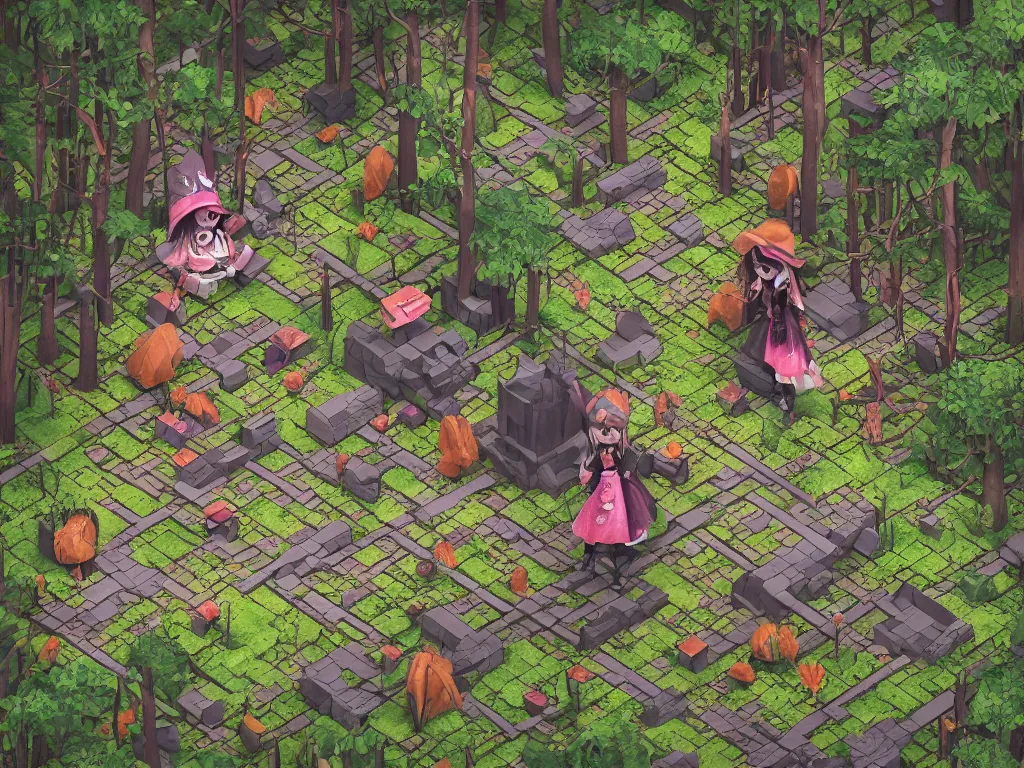 Image similar to cute fumo plush gothic witch girl exploring in the woods, isometric perspective, orthographic, tile map, vray