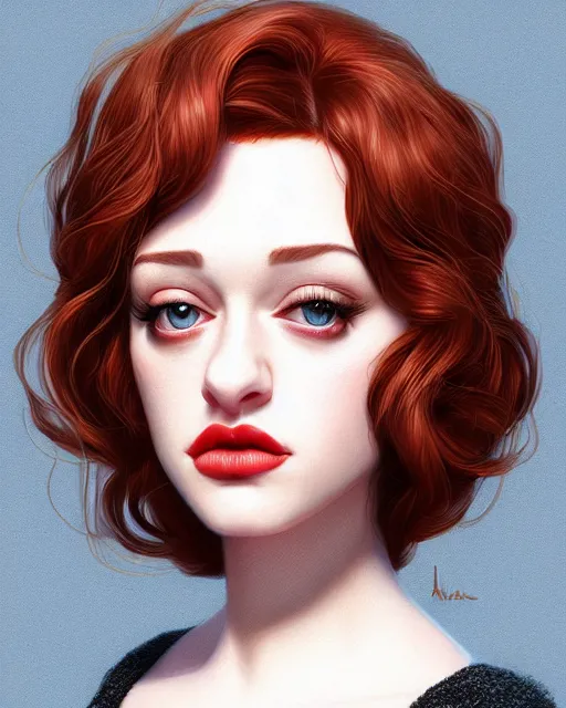 Image similar to andrea ivanova kat dennings christina hendricks dolly parton in wooly sweater, plump lips, by wlop and ilya kuvshinov and artgerm,, gorgeous, stunning, alluring, artstation, deviantart, digital art