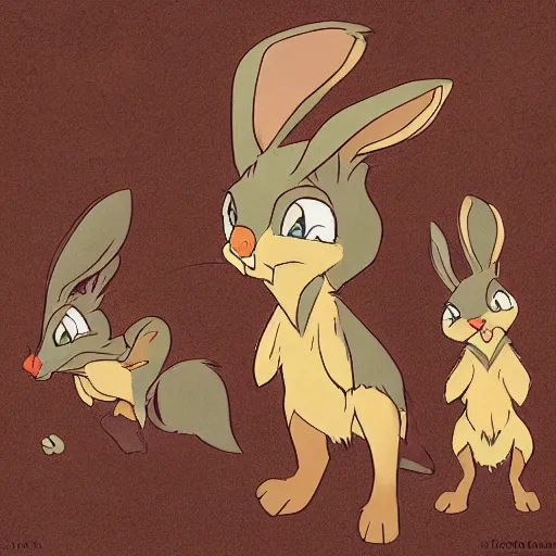 Prompt: very cute kid\'s film character rabbit in the style of Bambi, \'the secret of nimh\' , disney character concept artwork, concept art, detailed animation sheet, anthropomorphic bunny, high detail iconic character for 1997 film, official character sheet by don bluth