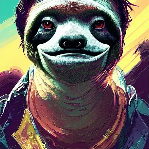 Image similar to sloth as defcon character, digital illustration portrait design, by android jones and greg rutkowski, retrowave color scheme, detailed, cinematic lighting, wide angle action dynamic portrait