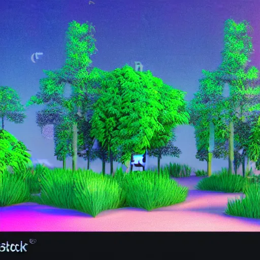 Image similar to 80s vaporwave outrun 3d Render of a forest, liminal space retro, grainy, noisy