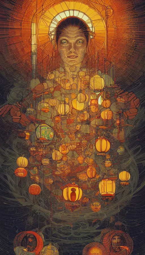 Prompt: The oracle of lanterns of wisdom, italian futurism, Dan Mumford, da vinci, Josan Gonzalez