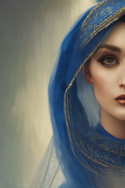 Image similar to modern arab Ameera al-Taweel, bright blue eyes, long wavy black hair, white veil, closeup, focus face, elegant, highly detailed, centered, oil painting, artstation, concept art by tom bagshaw