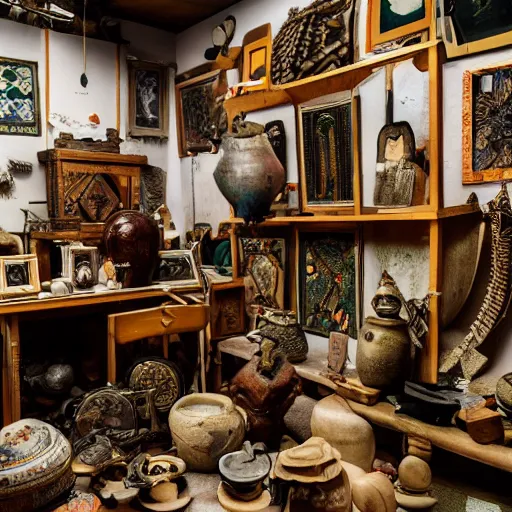 Prompt: a wide angle view of an ethnographic collection of objects on display, poetical, dream, unconscious, alternative world, fujifilm x - h 2 s, photography